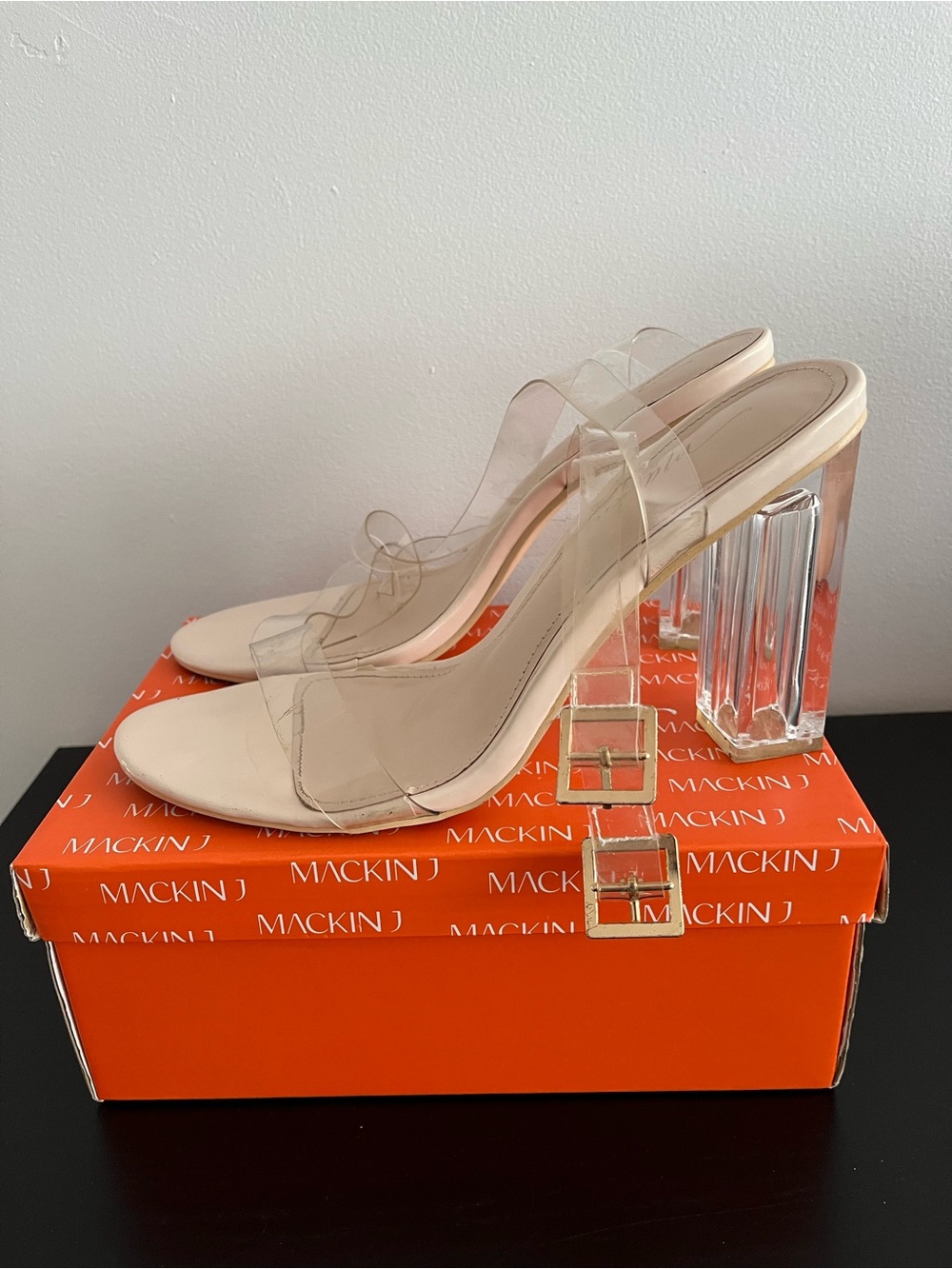 Clear Strap Block Heel Sandals in Nude